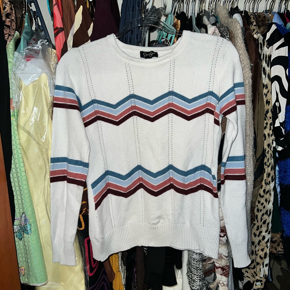 Jessica Simpson White Sweater with Chevron Stripes